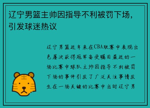 辽宁男篮主帅因指导不利被罚下场，引发球迷热议